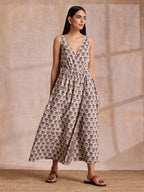 trueBrowns Clay Dabu Buta Print Cotton Sleeveless Wrap Dress | Grocsy