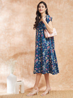 InWeave Women's Blue Pink Kalamkari A Line Dress | Grocsy