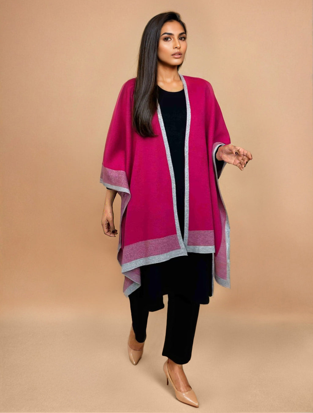 trueBrowns Pink Woollen Kaftan Cape | Grocsy