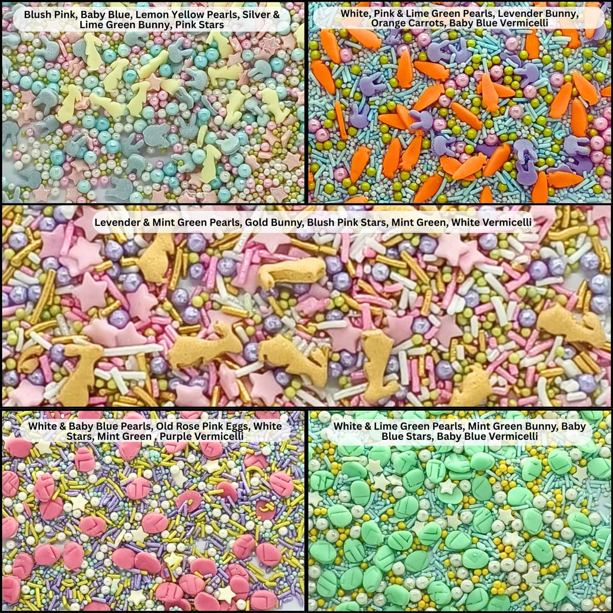 Confect Spring Sprinkles Edible |  Mix Green & Pink Eggs & Yellow & Gold Bunny pack of 5 (EAST 3) - 100Gms | Grocsy