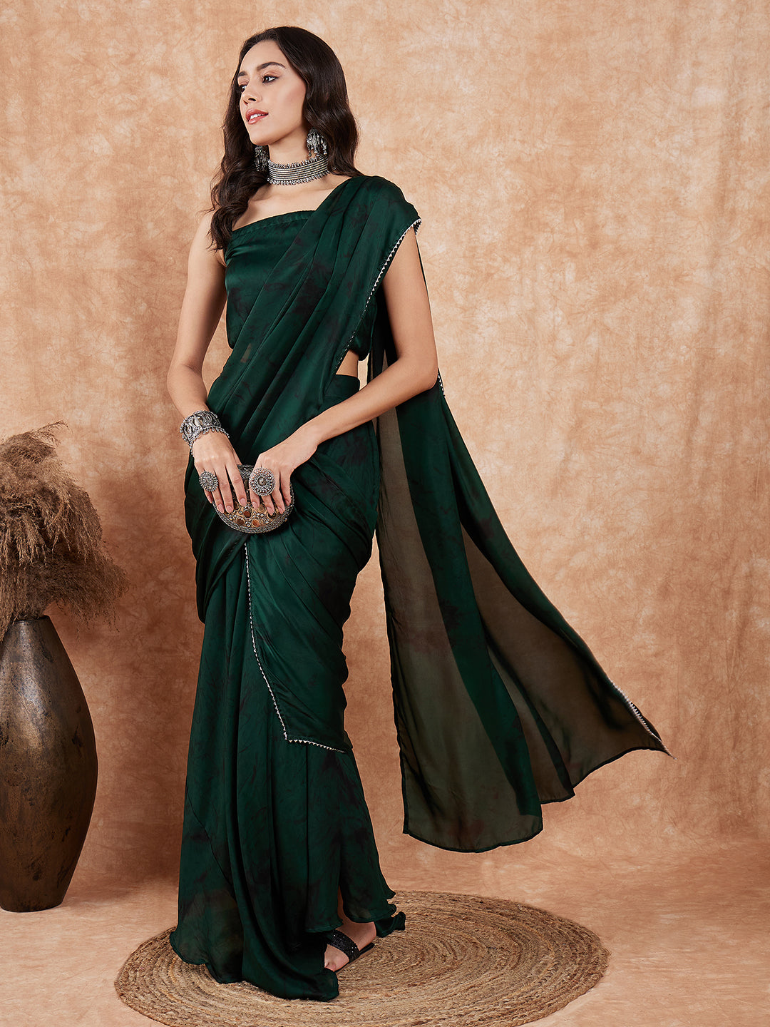 InWeave Women's Dark Green Black Gota Skirt Saree | Grocsy