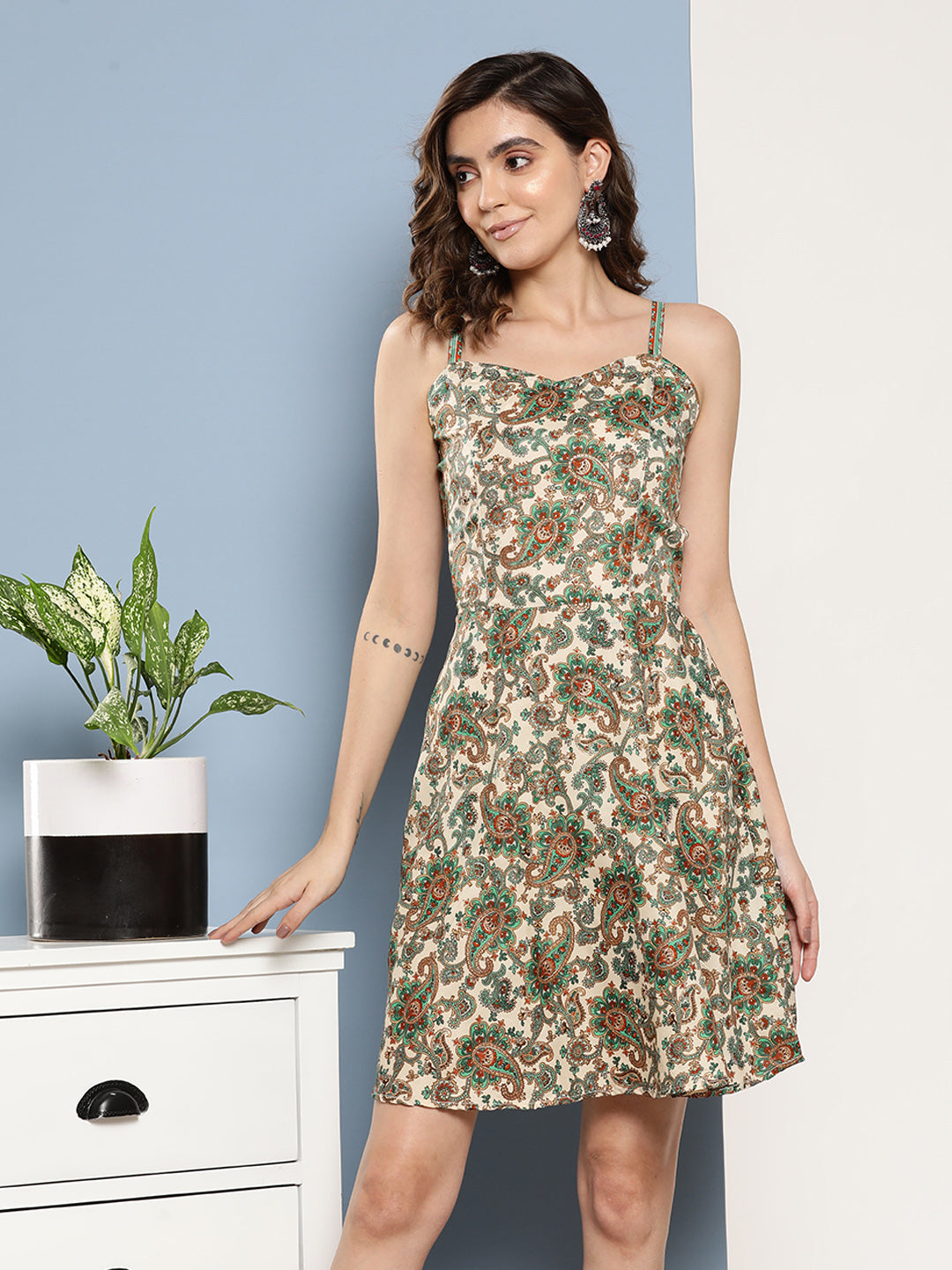 InWeave Women's Dark Green Floral Back Tie Up Detail Dress | Grocsy