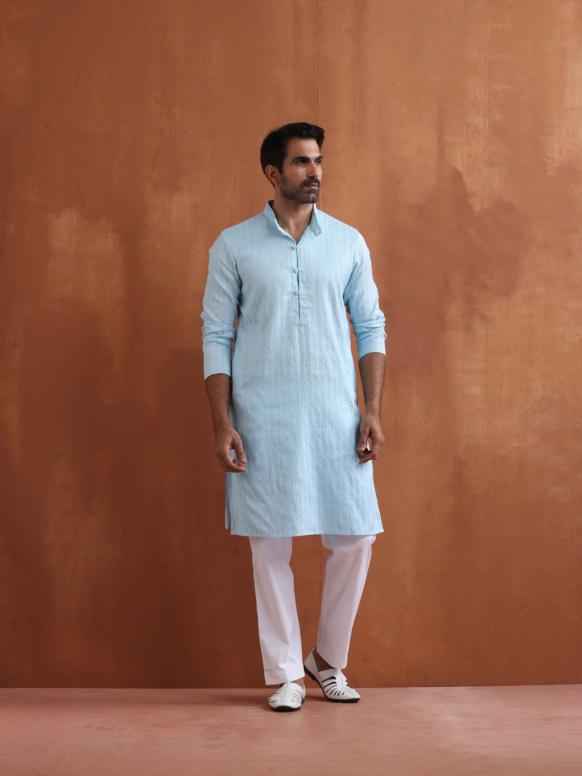 trueBrowns Men's Blue Sequin Chanderi Kurta | Grocsy