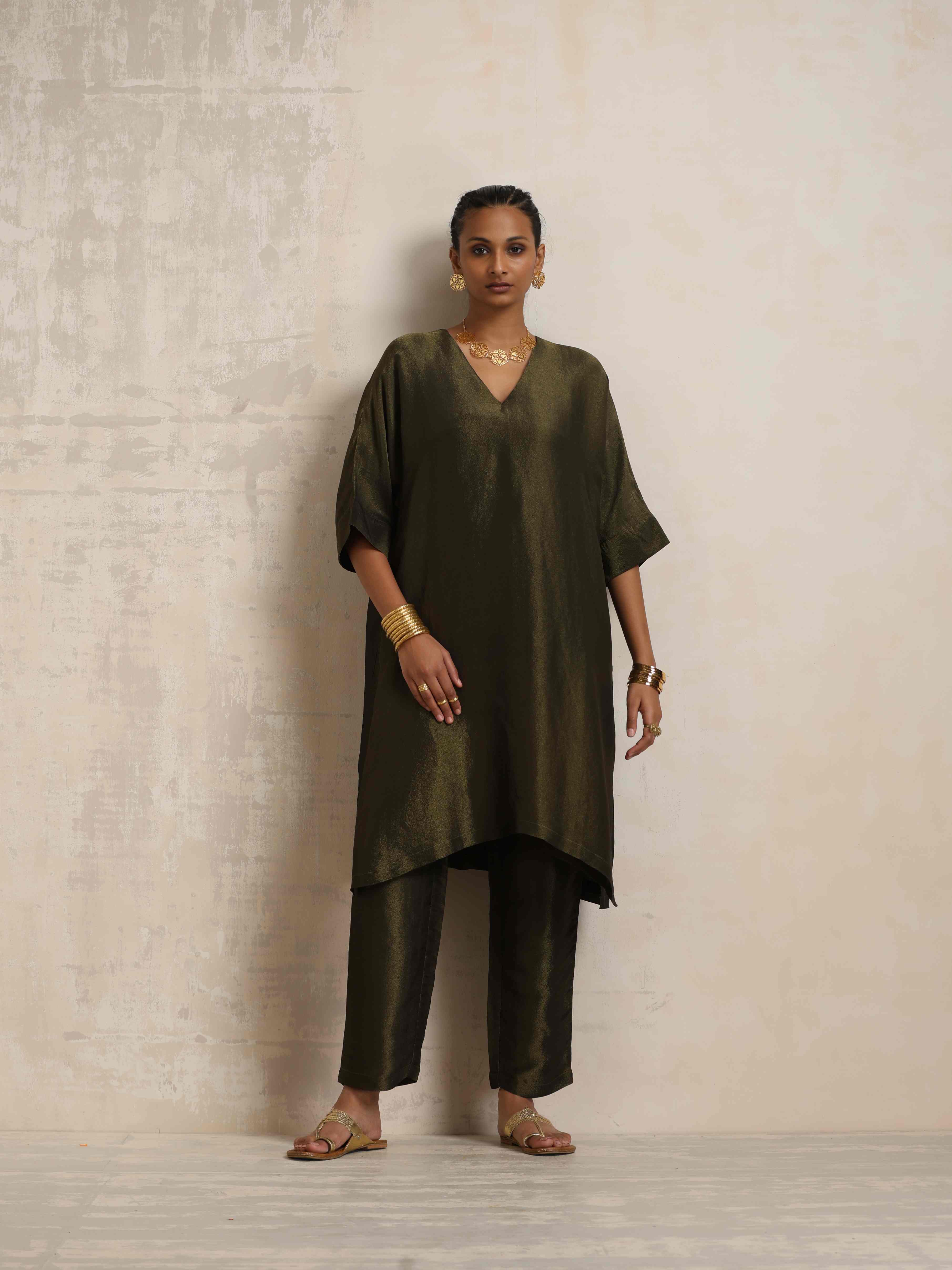 trueBrowns Olive Green Tissue Kurta Co-ord Set | Grocsy