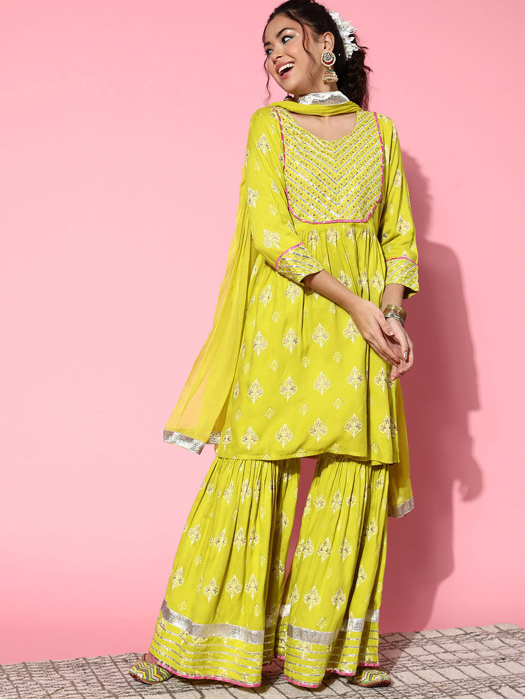 InWeave Women's Light Green Gota Work Kurta Sharara Set | Grocsy