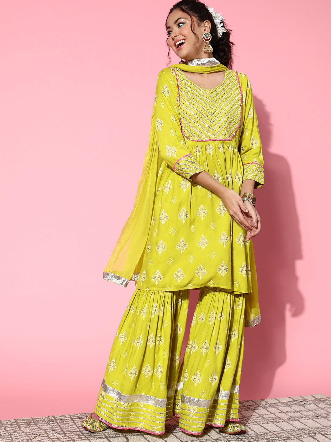 InWeave Women's Light Green Gota Work Kurta Sharara Set | Grocsy