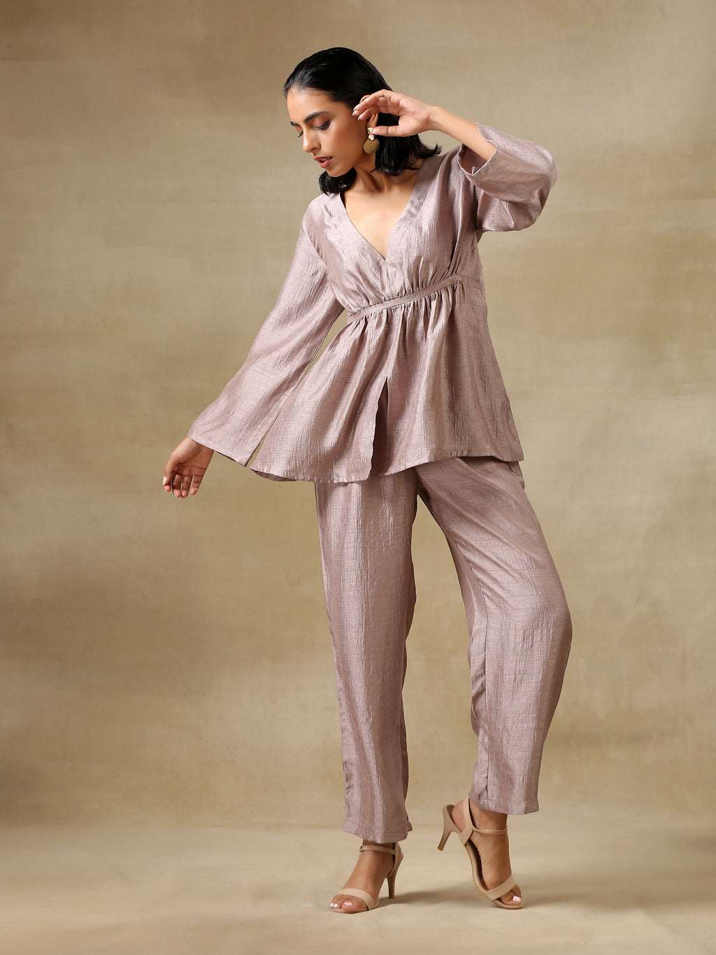 trueBrowns Grey Textured Silk Deep V-Neck Co-Ord Set | Grocsy