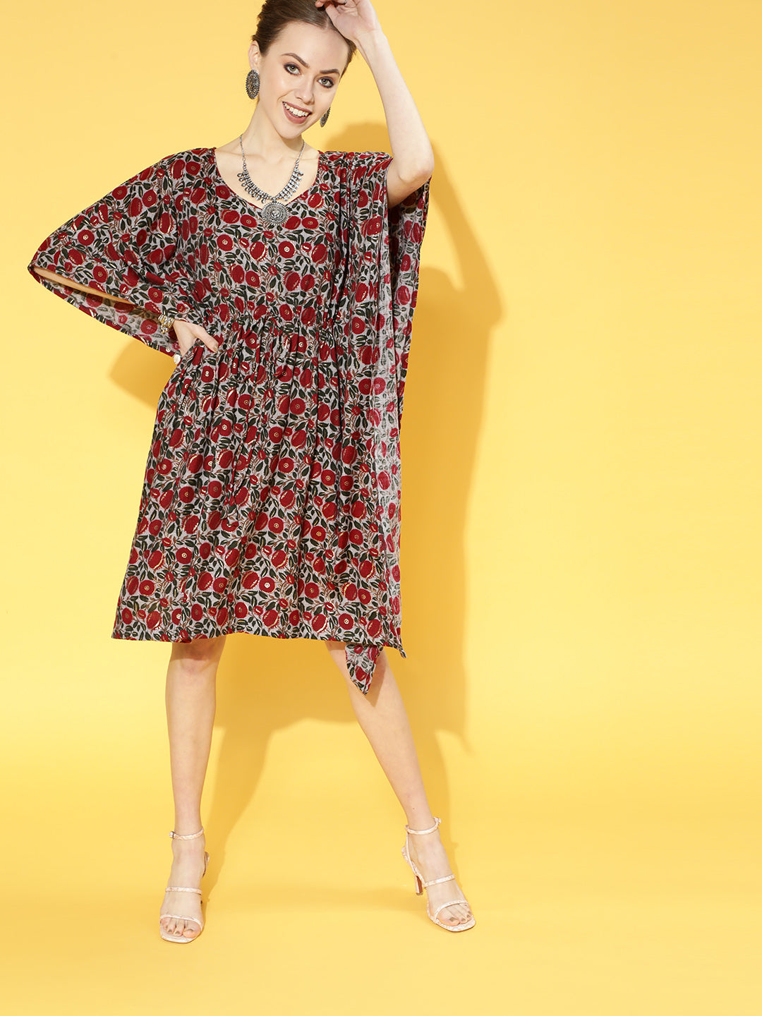 InWeave Women's Maroon Floral Jaal Print Kaftan Dress | Grocsy