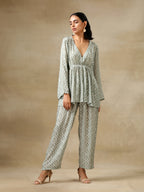 trueBrowns Light Green Bandhani Printed Silk V-Neck Co-Ord Set | Grocsy