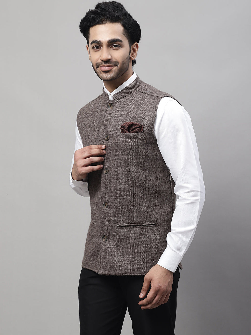 Even Apparels Men's Brown Nehru Jacket With Welt Pockets | Grocsy