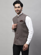 Even Apparels Men's Brown Nehru Jacket With Welt Pockets | Grocsy