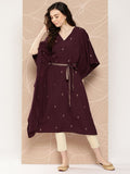 Ahalyaa Women Floral Printed Flared Sleeves Belted Detail Crepe Kaftan Kurta | Grocsy