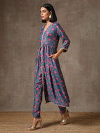 trueBrowns Blue Pink Printed Silk Kurta Pant Set | Grocsy