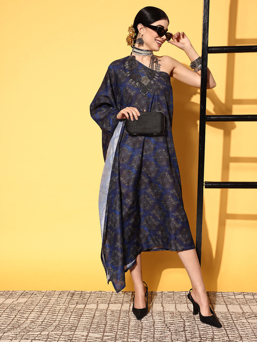 InWeave Women's Indigo Boota Print One Shoulder Kaftan Dress | Grocsy
