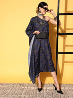 InWeave Women's Indigo Boota Print One Shoulder Kaftan Dress | Grocsy