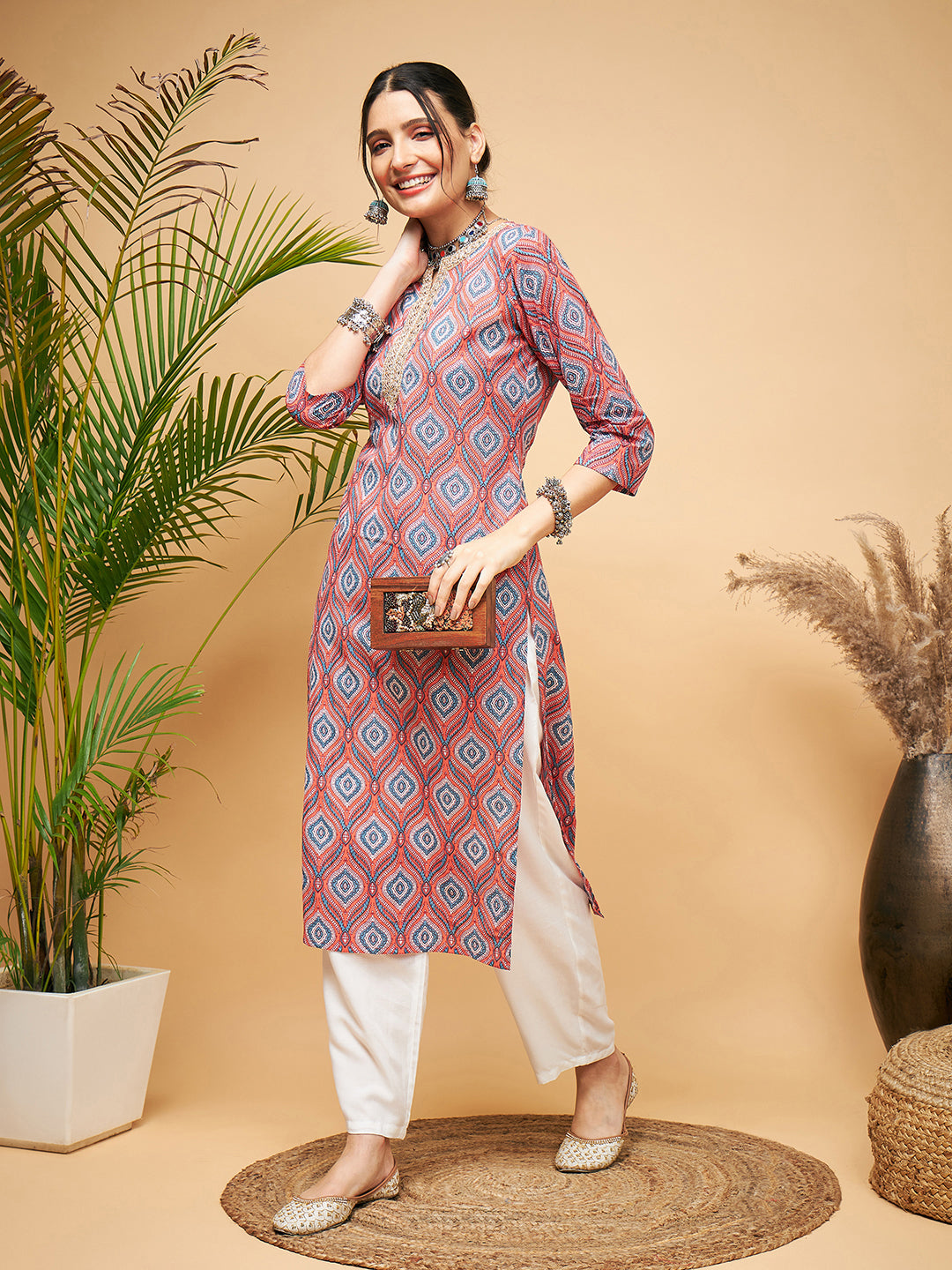 InWeave Women's Red Blue Ogee Print Gota Straight Kurta Pant Set | Grocsy