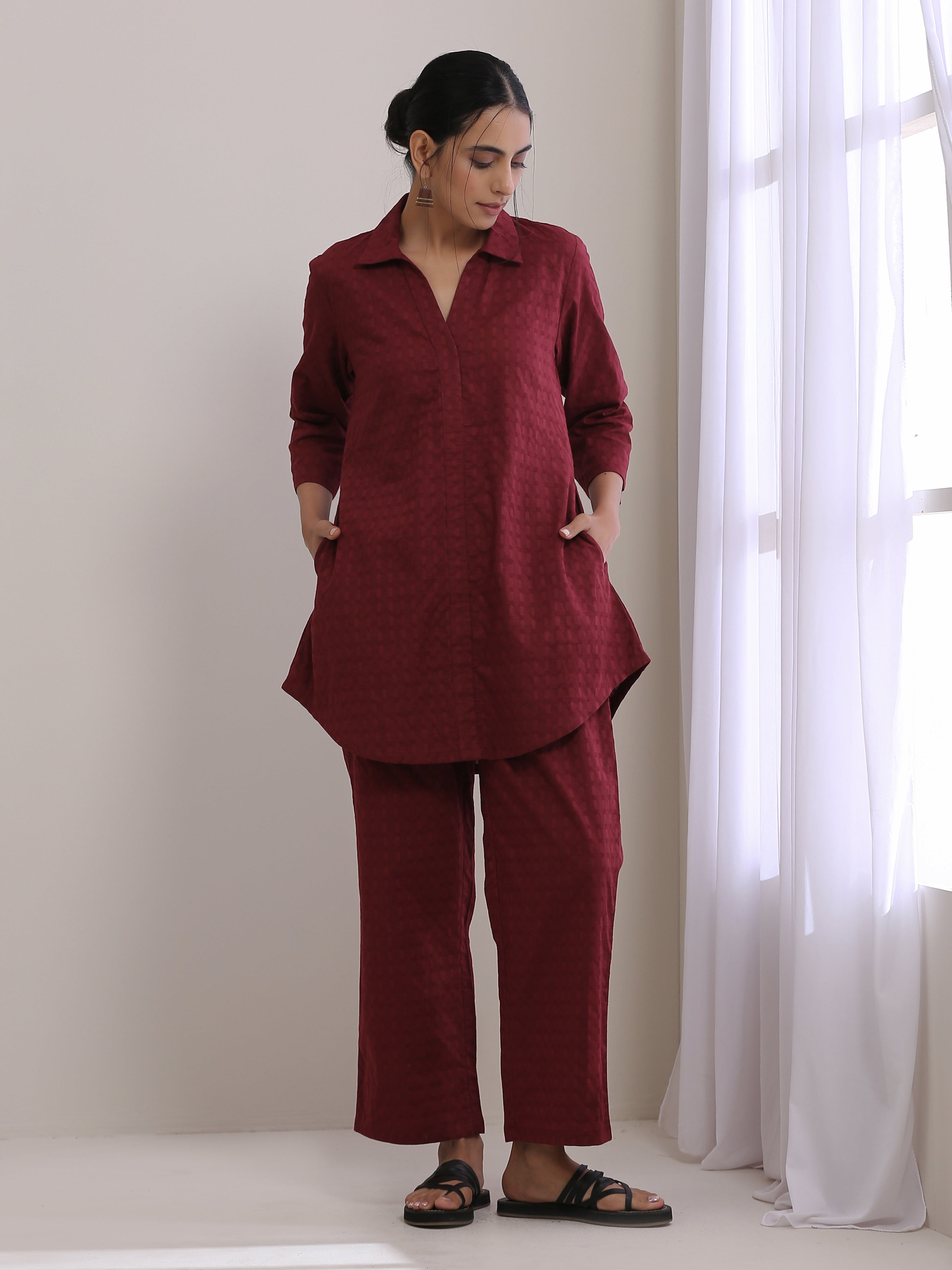 trueBrowns Ruby Wine Dobby Collar Short Co-Ord Set | Grocsy