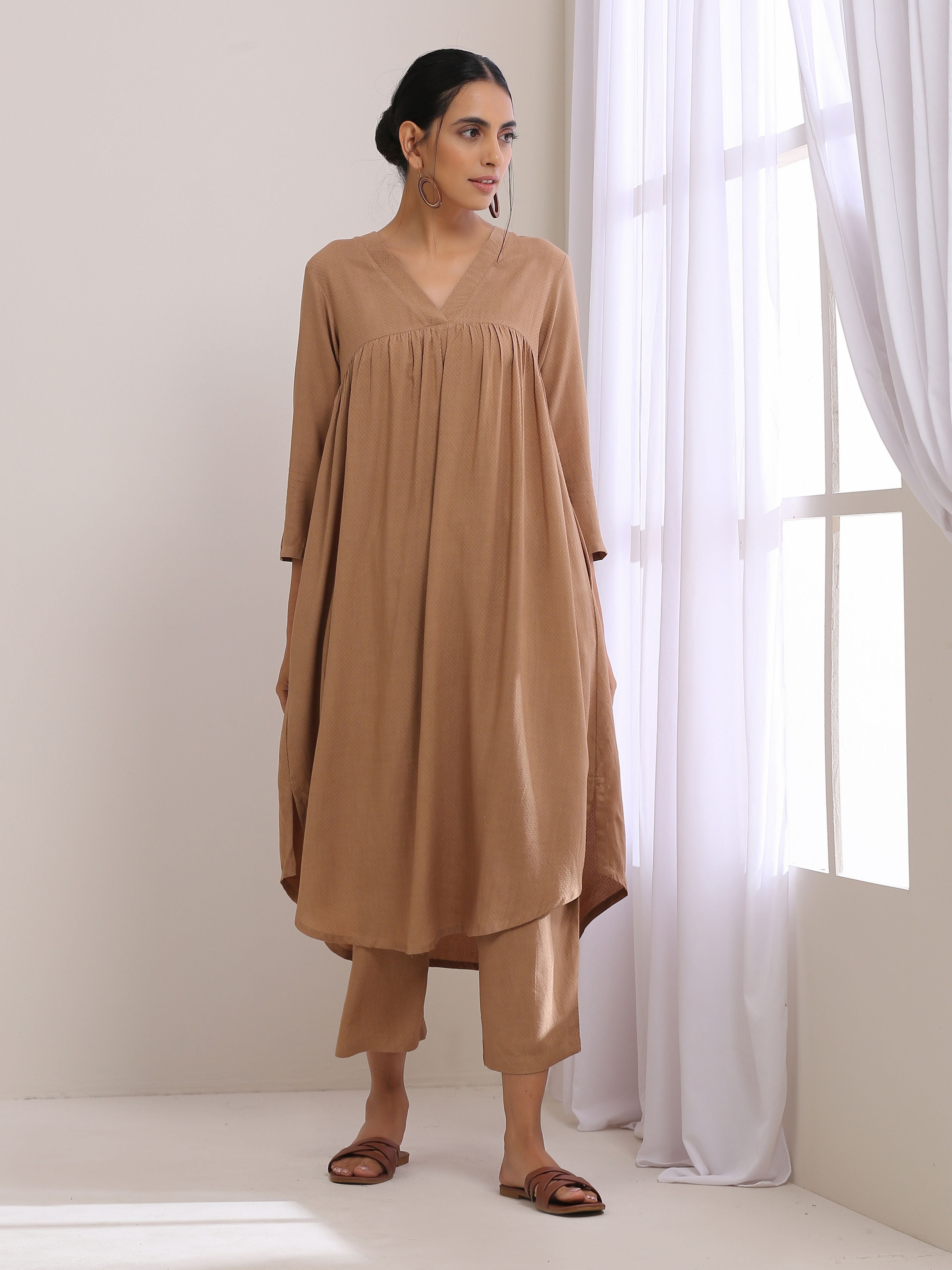 trueBrowns Beige Dobby Gathered Kurta Pant Set | Grocsy