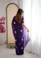 Evanik Purple Mos Silk With Handwork Butterfly Design Saree With Unstitched Blouse | Grocsy