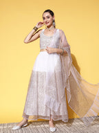 Ahalyaa White & Gold-Toned Printed Ready to Wear Lehenga & Blouse With Dupatta | Grocsy