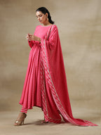 trueBrowns Pink Bandhani Printed Silk Anarkali Kurta Pant Dupatta Set | Grocsy