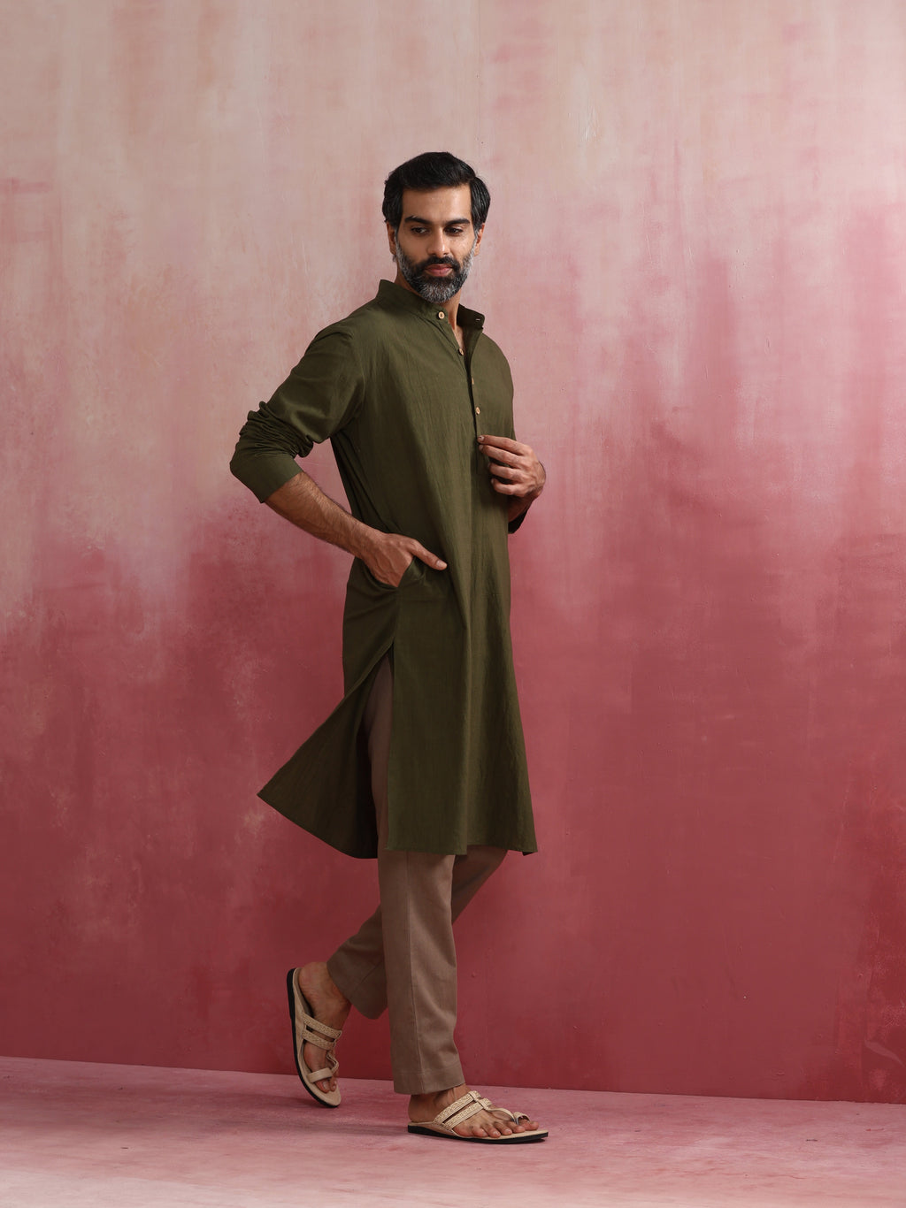 trueBrowns Men's Olive green Mandarin Collar Kurta | Grocsy