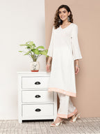 InWeave Women's Cream Straight Kurta Set W Peach White Print Organza Dupatta | Grocsy