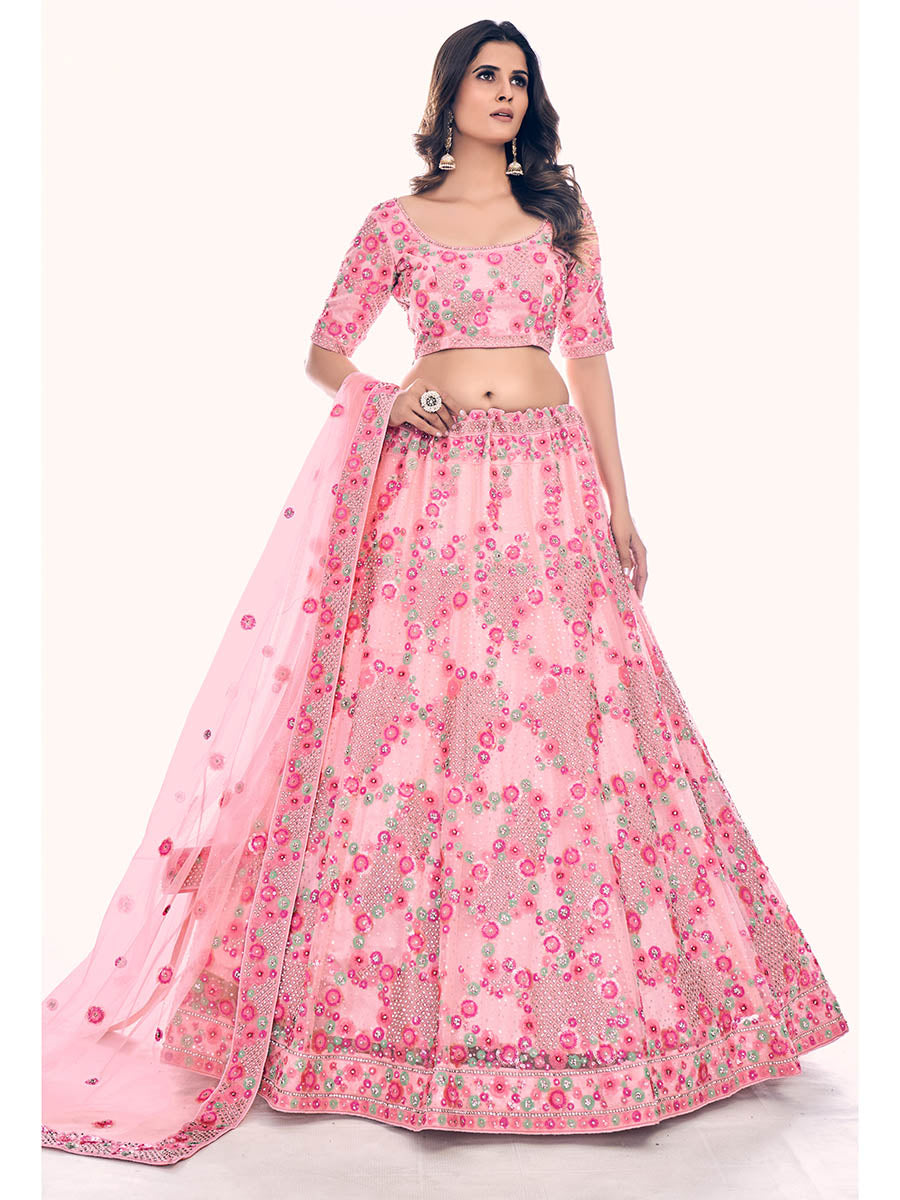 Myra Peach Soft Net Embroidered Designer Lehenga Choli | Grocsy