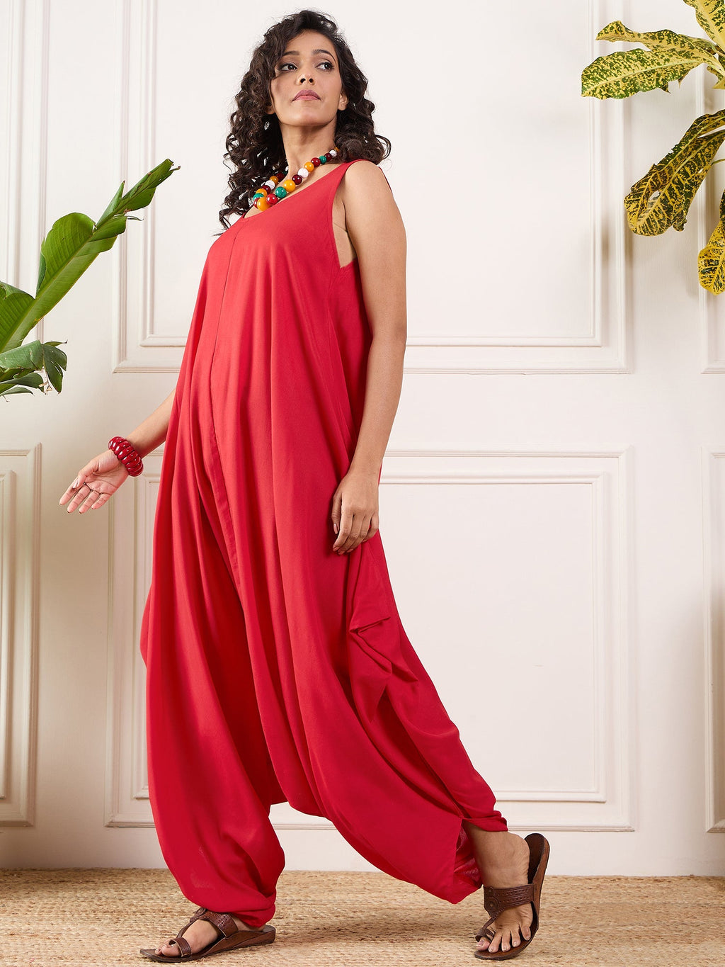 InWeave Red Round Sleeveless Jumpsuit | Grocsy