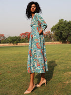 trueBrowns Teal Cotton Block Print Wrap Dress | Grocsy