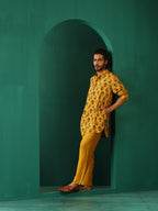 trueBrowns Men's Mustard Flower Stem Muslin Silk Printed Co-ord Set | Grocsy