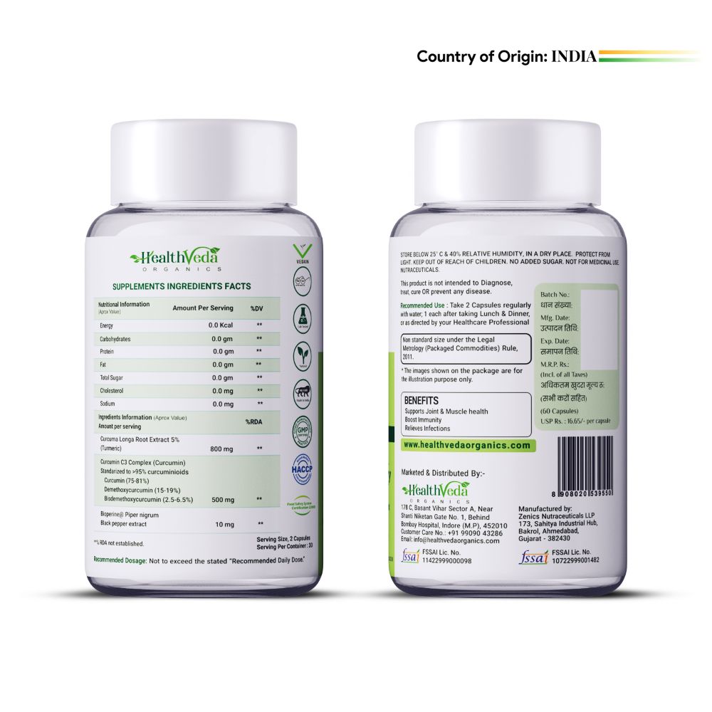 Health Veda Organics Curcumin C3 + Bioperine Capsules | Grocsy