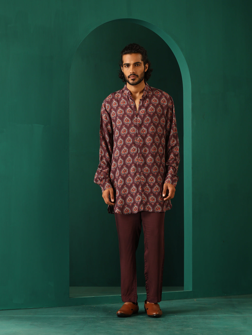 trueBrowns Men's Deep Purple Paan Muslin Silk Printed Co-ord Set | Grocsy