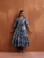 trueBrowns Blue Metallic Flared Anarkali Kurta Set | Grocsy