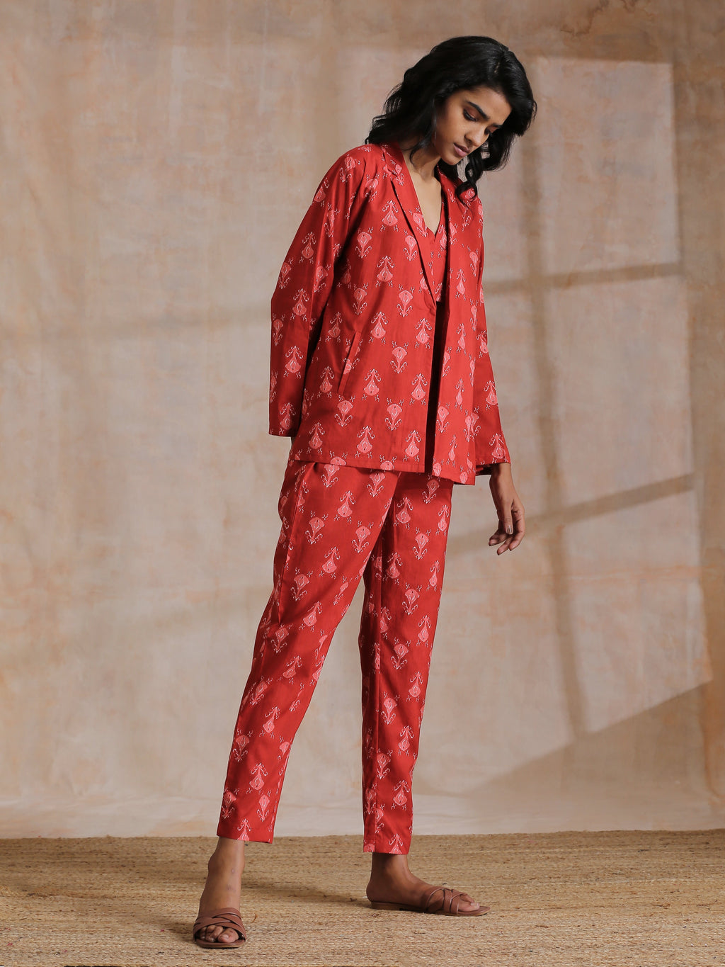 trueBrowns Red On Red Ikat Print Cotton Pant Suit Set | Grocsy