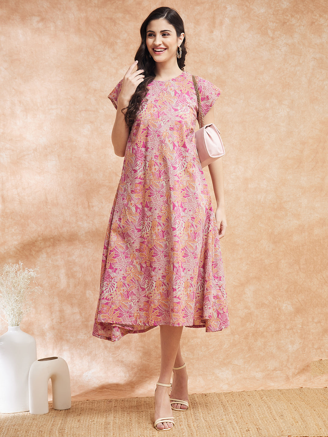 InWeave Women's Pink Coral Floral Print A Line Dress | Grocsy