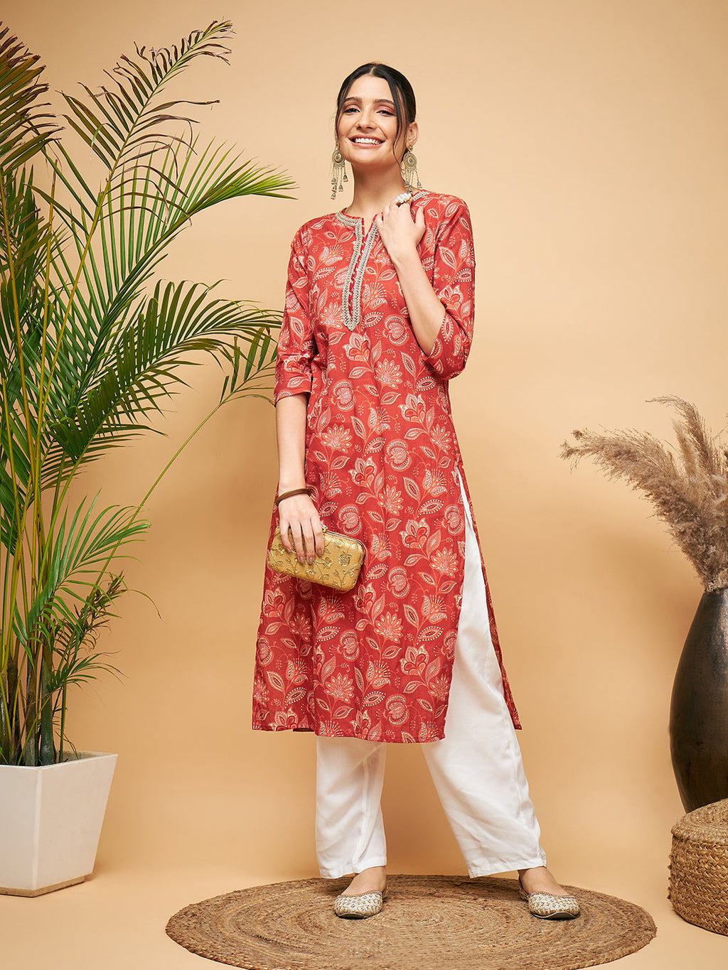 InWeave Women's Rust Paisley Print Gota Straight Kurta Pant Set | Grocsy