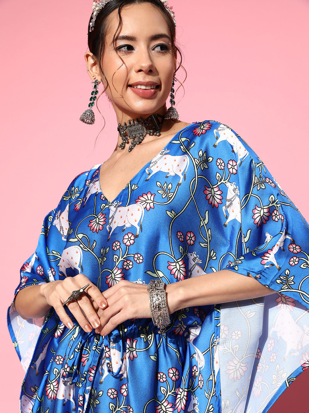 InWeave Women's Ink Blue Indian Bull Print Kaftan | Grocsy