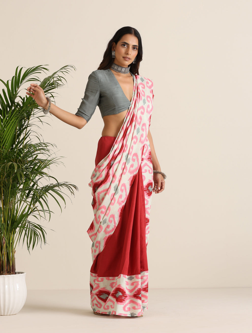 trueBrowns Maroon Grey Muslin Ikat Saree | Grocsy