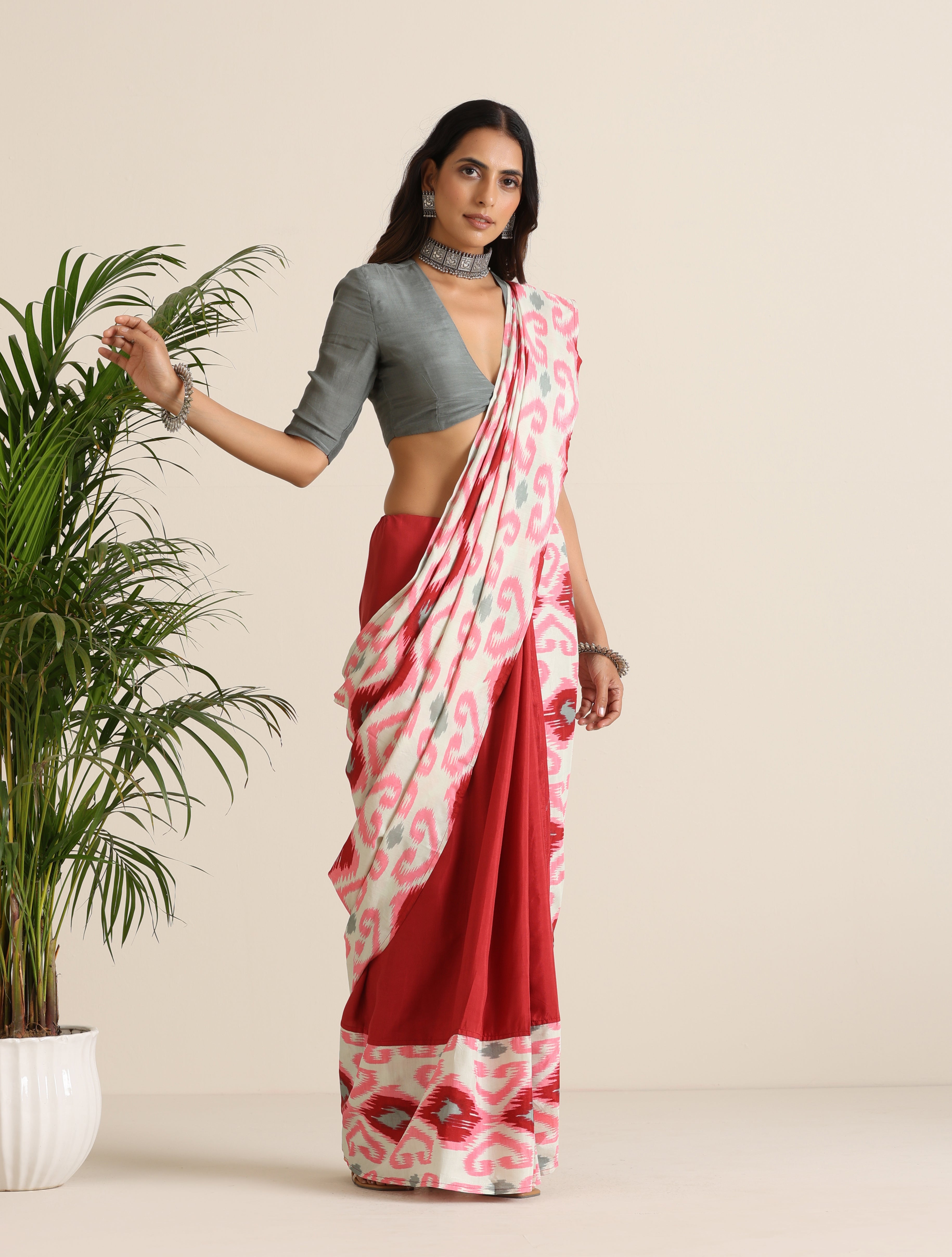 trueBrowns Maroon Grey Muslin Ikat Saree | Grocsy