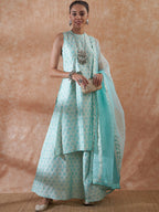 InWeave Women's Powder Blue Jacquard Halter Kurta Set W Powder Blue Or Dupatta | Grocsy