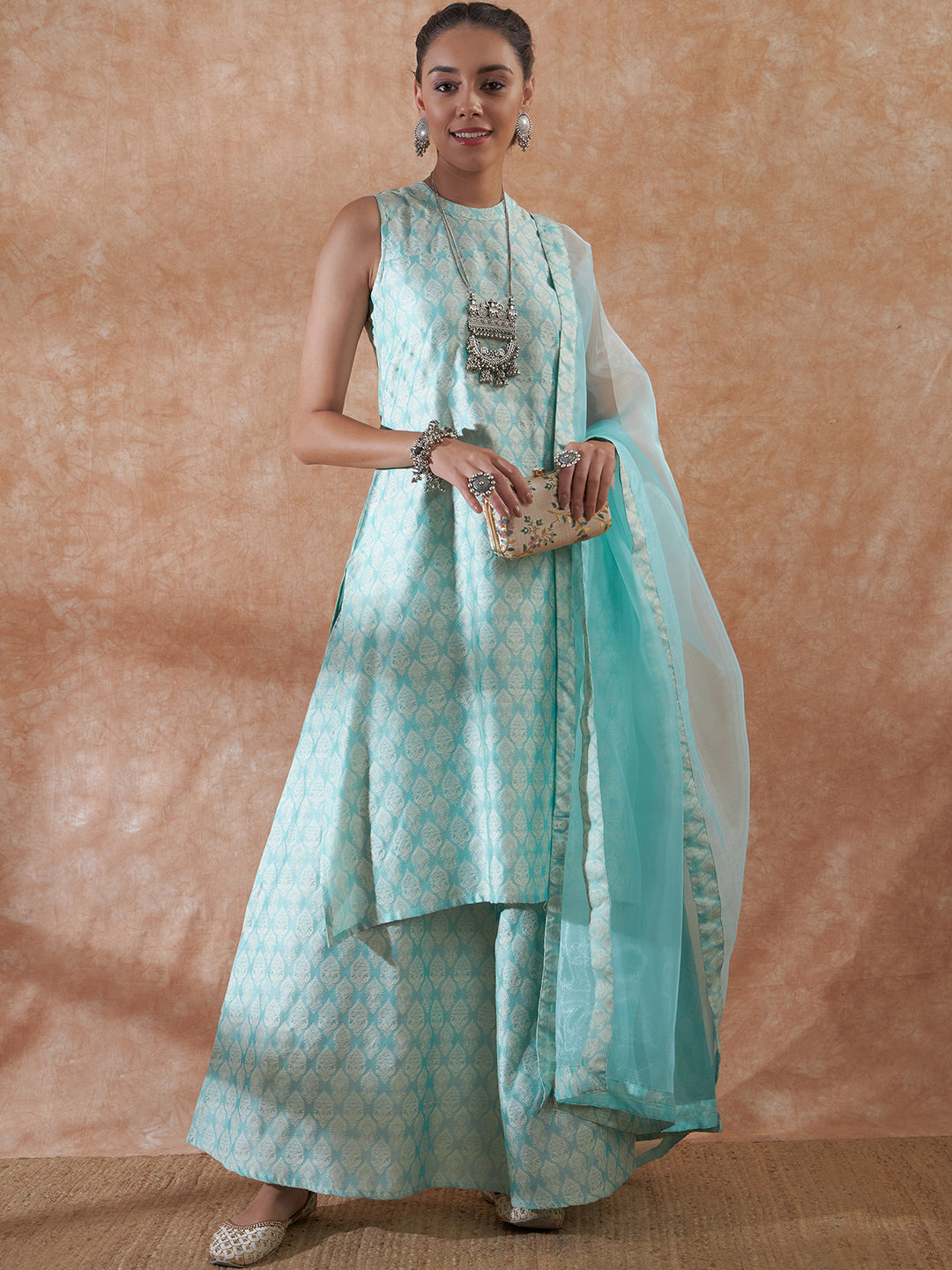 InWeave Women's Powder Blue Jacquard Halter Kurta Set W Powder Blue Or Dupatta | Grocsy