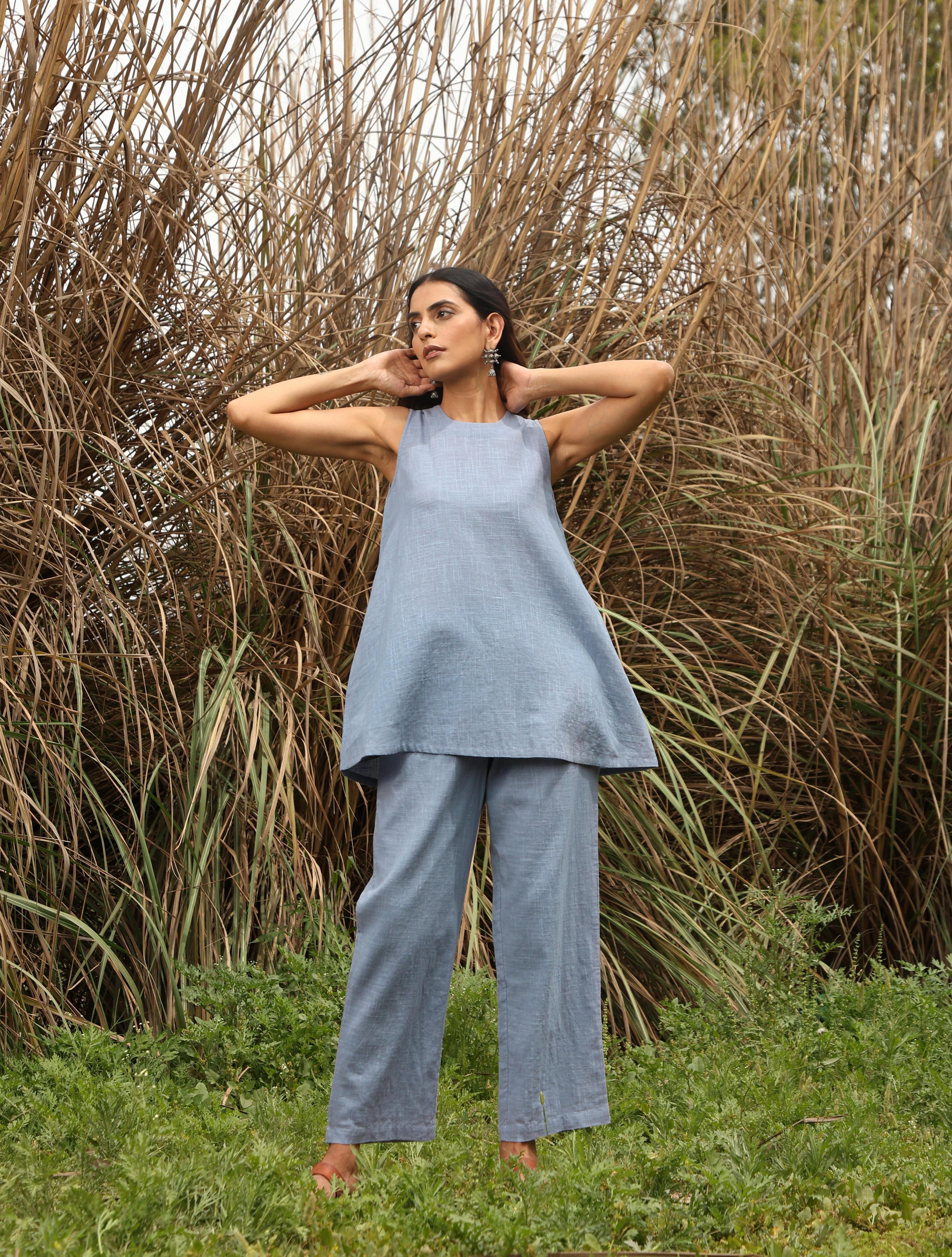 trueBrowns Blue Cotton Sleeveless Co-ord Set | Grocsy