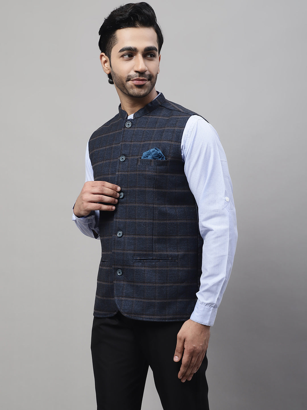 Even Apparels Men's Blue Nehru Jacket With Welt Pockets | Grocsy