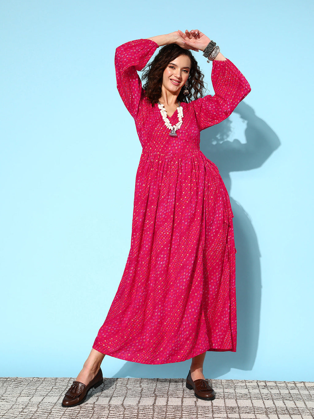 InWeave Women's Maroon Ethnic Print Wrapped Long Dress | Grocsy