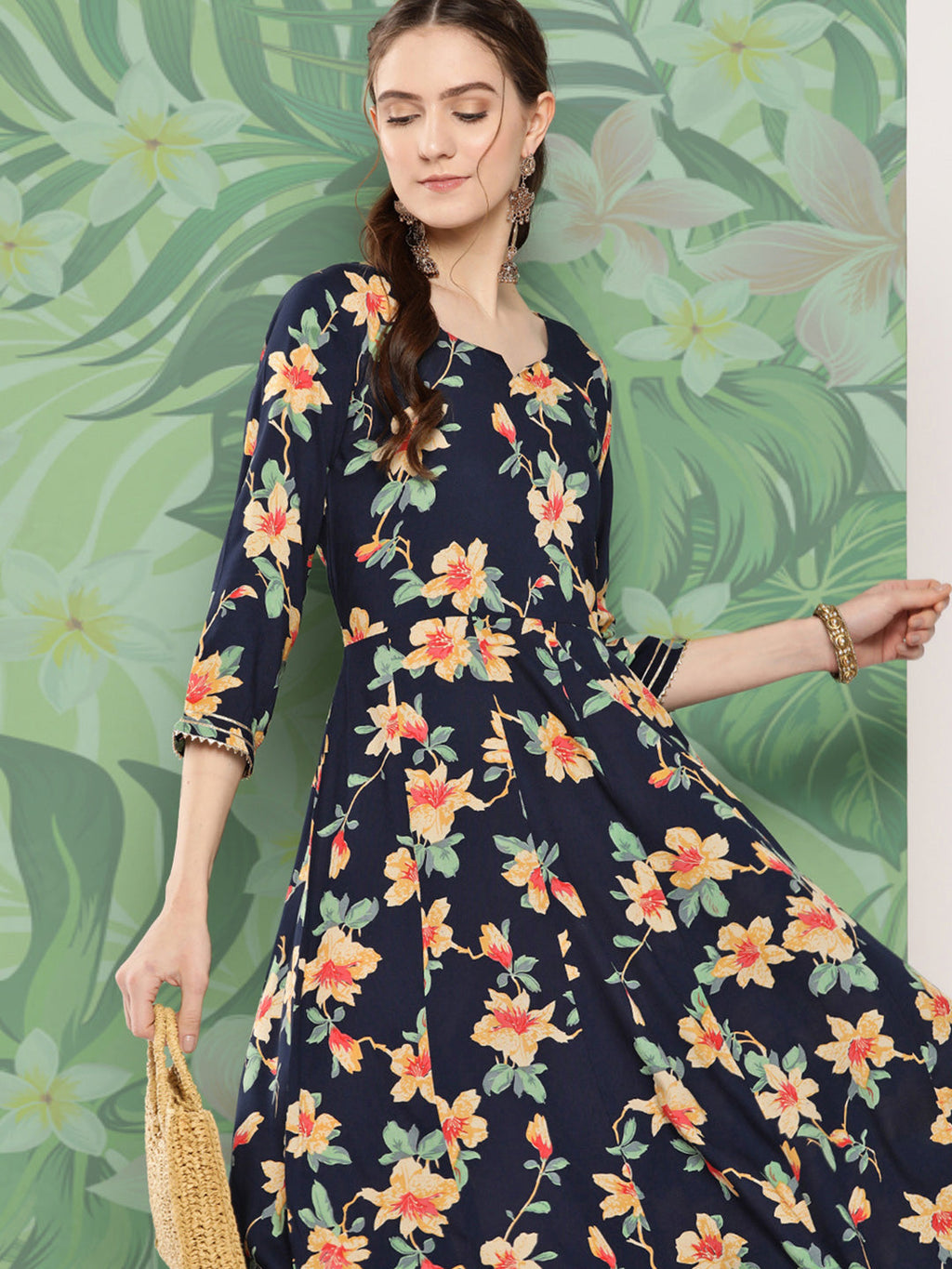InWeave Women's Black Tropical Print Gota Long Dress | Grocsy