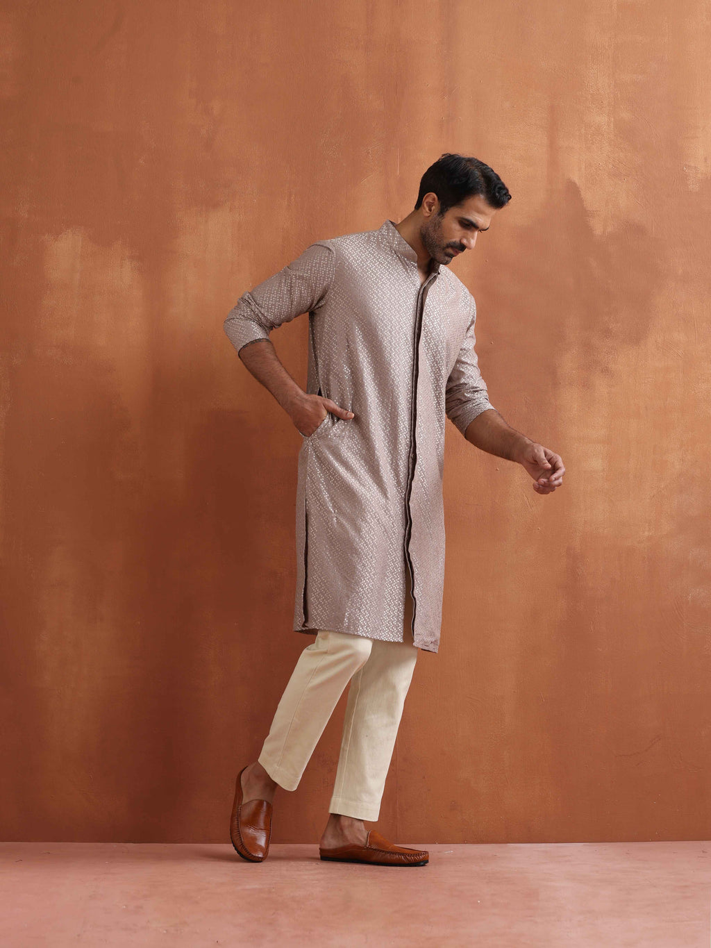 trueBrowns Men's Beige Cotton Dobby Kurta | Grocsy