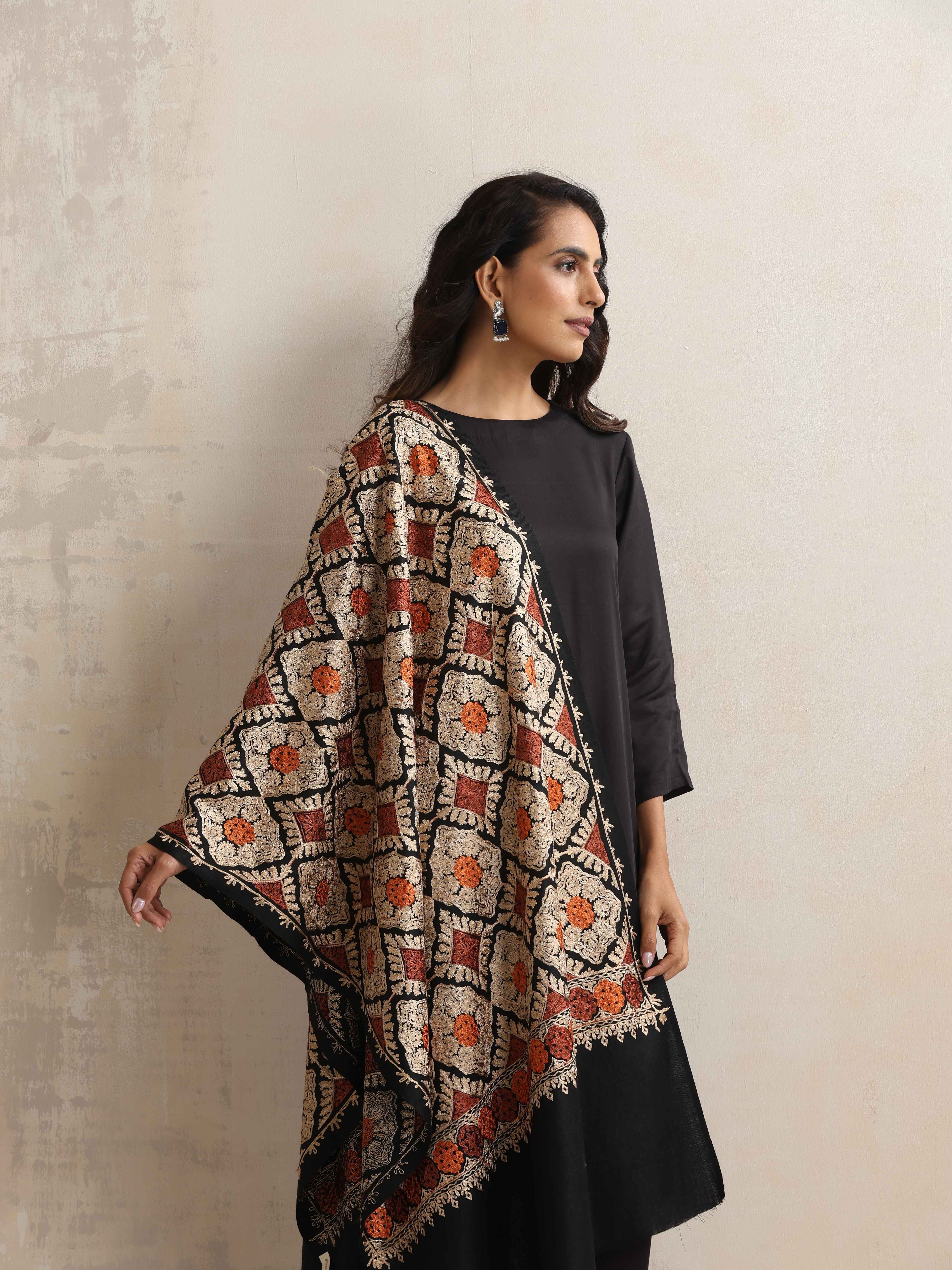 trueBrowns Black Embroidered Woollen Stole | Grocsy