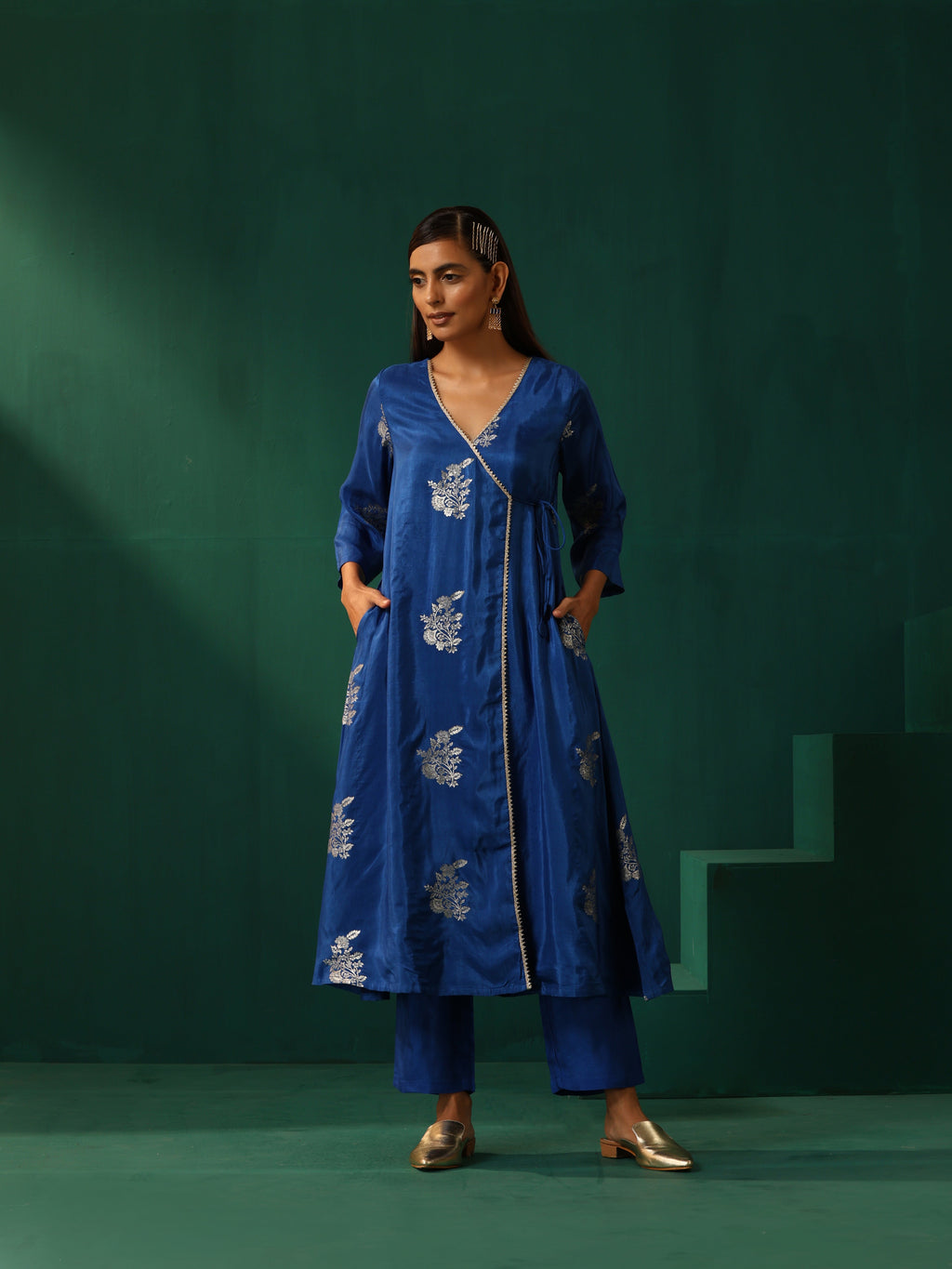 trueBrowns Royal Blue Floral Viscose Silk Angrakha Kurta Pant Set | Grocsy