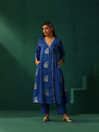 trueBrowns Royal Blue Floral Viscose Silk Angrakha Kurta Pant Set | Grocsy